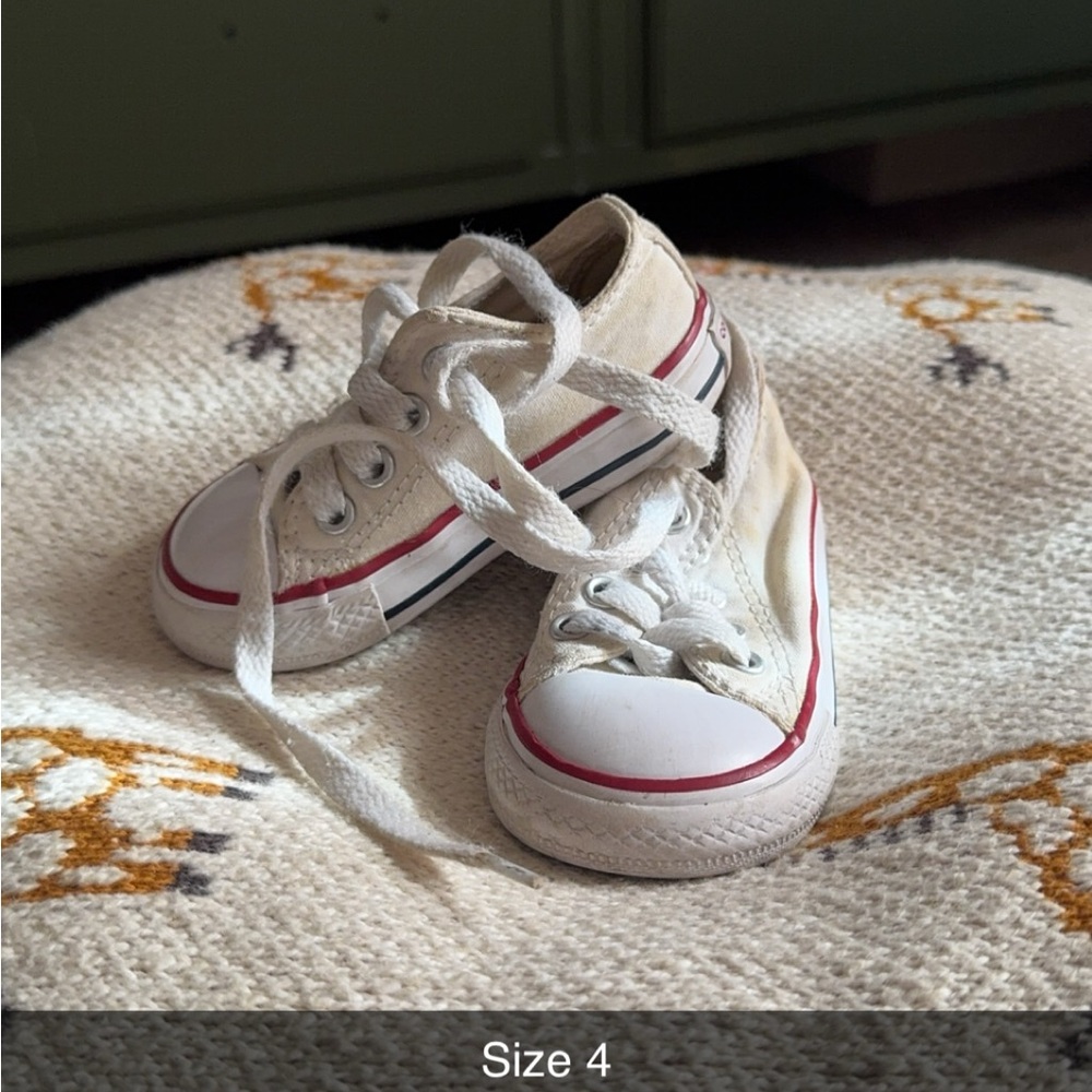 Converse-Style White Kids Sneakers with Red Stripe